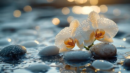 Canvas Print - Dew-kissed white orchids on smooth stones by calm water at sunset.