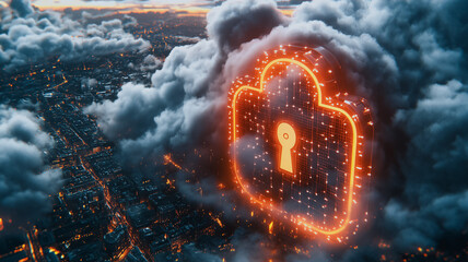 Poster - Cybersecurity in the Cloud: A fiery, glowing padlock emerges from stormy clouds above a cityscape at night, symbolizing the protection of data and digital assets in the cloud.
