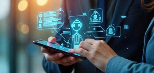 Poster - Person uses smartphone with virtual AI chatbot. Futuristic tech concept. Client gets online support from digital assistant. Modern business solution. Online service. Virtual support. Advanced tech.