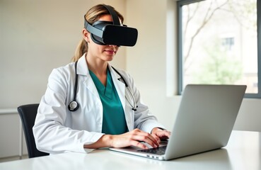 Aufkleber - Female doctor uses VR headset, laptop in clinic. Modern healthcare setting shows innovation. Doctor studies virtual simulation on laptop. Future tech in medicine apparent. Pro woman works
