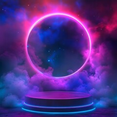 abstract background with round podium, neon lights and smoke. vector illustration.