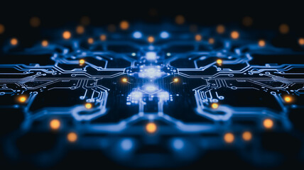 Poster - Glowing Circuit Board: Abstract close-up of a technologically advanced circuit board with glowing blue and orange nodes, creating a mesmerizing visual of intricate pathways and connections.  