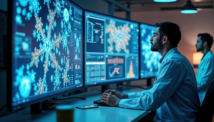 Aufkleber - Scientists analyze molecular models on multiple futuristic screens. Drug research uses AI software. Innovation in lab setting. Medical lab workers focus on new drug preparations. Modern tech in