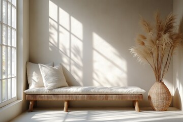 Leinwandbilder - Bright Minimalist Interior Space with Sunlit Shadows on White Wall in Scandinavian Design