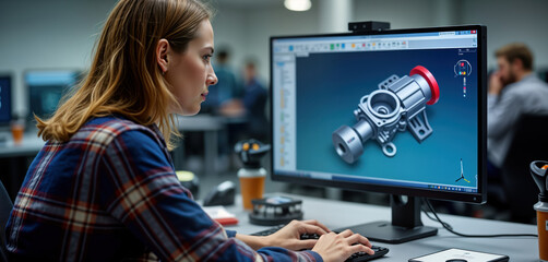 Poster - Female engineer works on 3D mechanical design software on computer. Modern tech workstation. Pro engineer focuses on detailed 3D mechanical design project. Industrial machinery design process.
