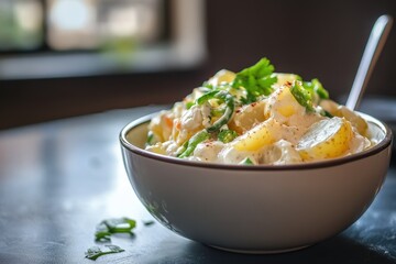 Poster - Closeup of a bowl of creamy tangy mildly spicy Jalapeno Popper potato salad on the table