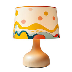 Poster - A stylish modern table lamp features a wooden base and an abstract patterned lampshade with yellow, orange, pink, and teal accents.