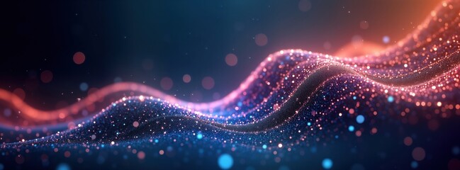 Poster - Abstract digital wave pattern. Colorful glowing particles create smooth wavy lines on dark background. Bokeh effect adds depth to design. Perfect for tech abstract design projects. Modern wave