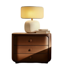 Poster - A modern wooden nightstand with three drawers features a lamp and books, exuding a minimalist aesthetic.