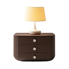 Poster - A modern brown wooden nightstand with three drawers and a beige table lamp sits on a white background.