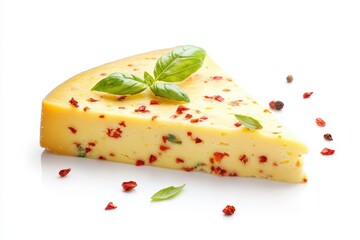 Poster - Delicious cheese with basil and paprika against a white background