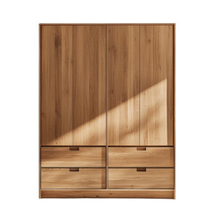 Poster - A tall wooden wardrobe with four drawers features a minimalist design, showcasing the natural grain of the oak wood.