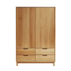 Poster - A tall light oak wood armoire with four drawers stands against a white wall, showcasing its minimalist design.
