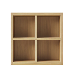Poster - A minimalist, four-compartment wooden shelf unit stands against a white background.