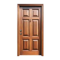 Poster - A rich brown wooden door features raised paneling, a classic design, and brass hardware.