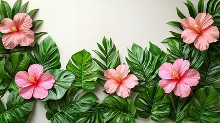 Wall Mural - Tropical arrangement of hibiscus flowers and monstera leaves on a neutral background