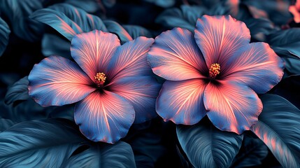 Wall Mural - Two hibiscus flowers with blue and pink petals and dark green leaves in a close up view