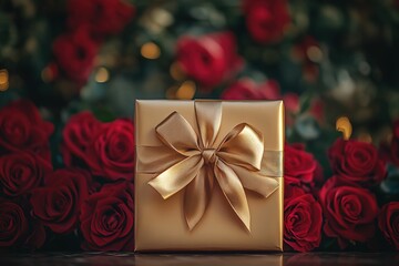 Christmas gift, elegant wrapping, golden bow, red roses, bokeh lights, festive atmosphere, holiday season, ornate present, romantic setting, vibrant colors, close-up photography,  celebration, 