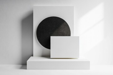 Poster - Modern geometric composition with black circle and white rectangle in a minimalist setting. Generative AI