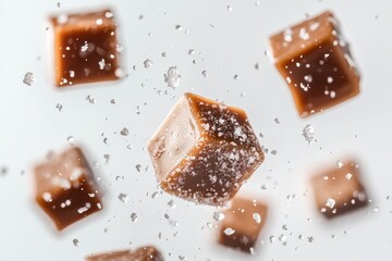 Wall Mural - Floating salted caramel treat with salt crystals on a white background Macro shot