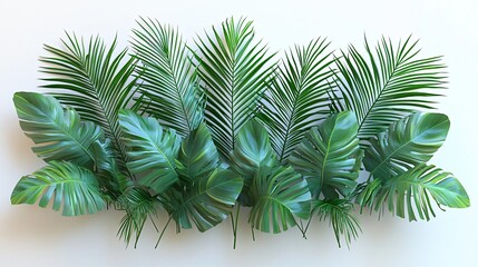 Wall Mural - Lush green tropical leaves arrangement on a white background creating a natural and fresh scene