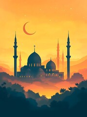 Canvas Print - Majestic Mosque Silhouette at Sunset Over Rolling Hills