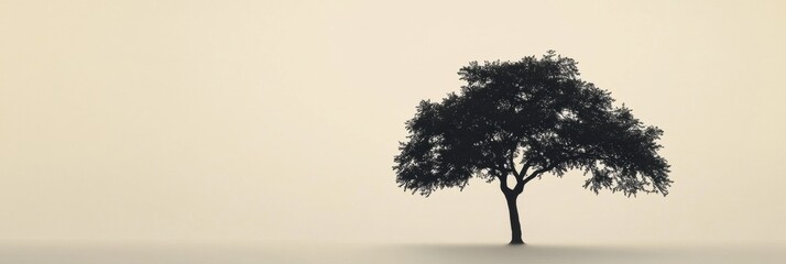 Leinwandbilder - Silhouetted tree stands alone in misty landscape during early morning hours. Generative AI