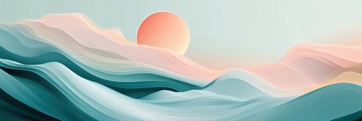 Poster - Calm waves and soft mountains under a pastel sunset with a gentle horizon glow. Generative AI