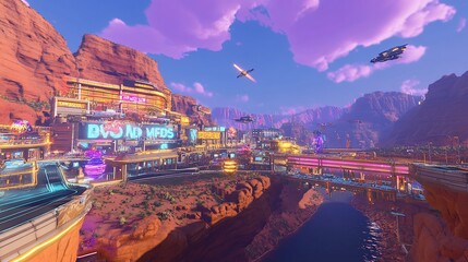 Futuristic desert city, flying vehicles, canyon backdrop;  gaming, advertising