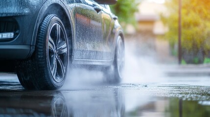 Canvas Print - Wet Asphalt Road Car Driving Through Puddle Spray