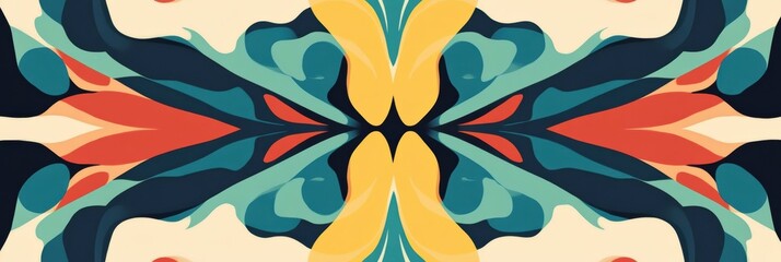 Poster - Vibrant abstract design with flowing shapes in multiple colors creating a symmetrical pattern. Generative AI