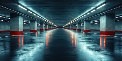 Poster - Futuristic Underground Parking Garage Industrial Design Chiaroscuro Light Shadows Concrete Space
