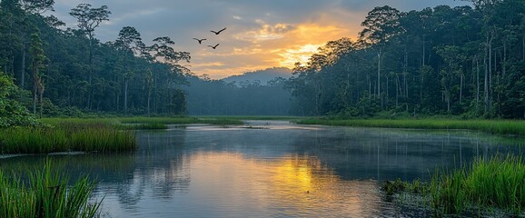 Sticker - Serene sunrise over a tranquil lake nestled in a lush green forest.