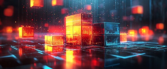 Poster - Glowing data cubes on digital surface.
