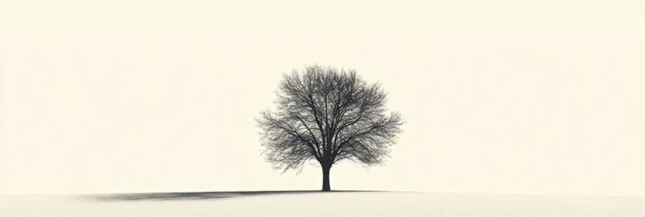 Poster - Lonely tree stands on a snow covered field under a pale sky during winters quiet calm. Generative AI