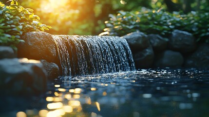 Aufkleber - Serene waterfall cascading over rocks into a pond at sunset.