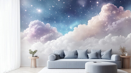 Wall Mural - celestial dreamscape wall mural: a dreamy cloudscape and starry night sky mural adorns a living room