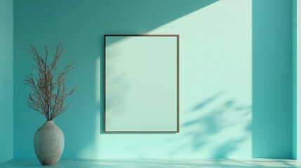 Poster - Pastel Blue Wall with Framed Mockup Poster, a stylish interior display showcasing a minimalist design element against a soothing background, ideal for modern decor inspiration