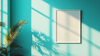 Poster - Pastel Blue Wall with Framed Mockup Poster, an inviting interior setting showcasing a close-up view of a stylish frame against a soothing pastel blue backdrop.