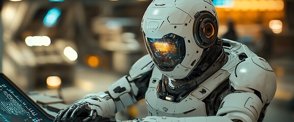 Poster - Futuristic robot working on a laptop in a high-tech environment.