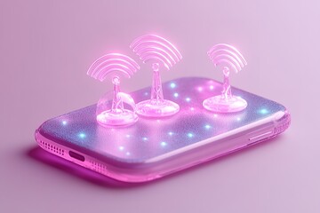 Wall Mural - Wireless signal towers on a phone, glowing pink.  Concept of mobile connectivity and network strength.