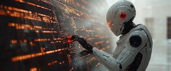 Poster - Advanced robot interacting with futuristic digital interface.