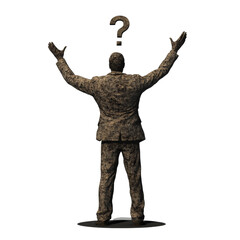 Poster - A stone statue of a man with arms raised, a question mark hovers above him symbolizing uncertainty or questioning.