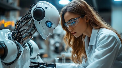Poster - Female scientist examining advanced robot.