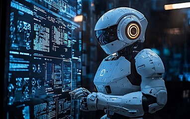 Poster - Futuristic robot interacting with a holographic screen displaying complex data.