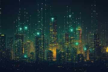 Poster - Night cityscape with digital network connections glowing above buildings.