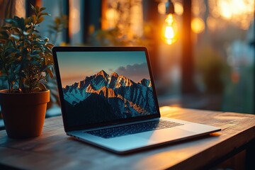Poster - Laptop displaying mountain landscape sits on a wooden desk near a plant. Warm evening light.