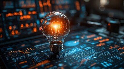 Poster - Glowing lightbulb on digital dashboard displaying data.