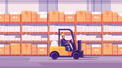 Poster - Warehouse Operations, worker maneuvering a forklift to load packaged goods in a vast distribution center featuring towering shelves and ample open space for efficiency