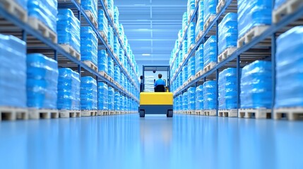 Poster - Warehouse Operations, worker maneuvering a forklift to load packaged goods in a vast distribution center featuring towering shelves and ample open space for efficiency